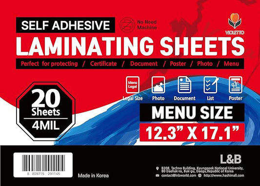 Self Adhesive Laminating Sheets 12.3x17.1 inches, 20 Pack, 4mil Thickness, No Heat or Machine Needed, Waterproof, Self Sealing, Easy Peel and Stick, Heavy Duty Clear Glossy Finish, by VIOLETTO