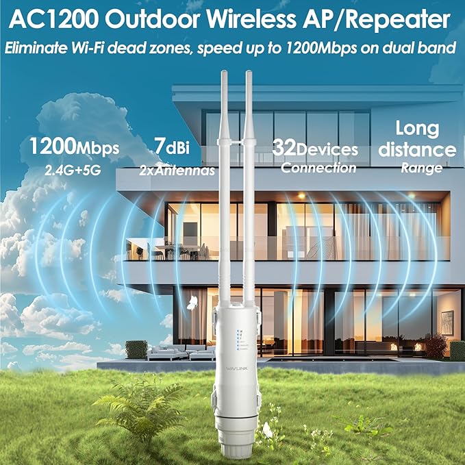 AC1200 Outdoor WiFi Extender Long Range, WAVLINK Weatherproof WiFi Extender Signal Booster Outdoor with POE, Dual Band 2.4/5GHz, Support AP/Repeater/Router Mode, for Yard/Patio/Rural Areas