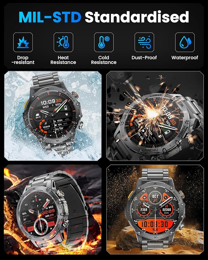 Military Smart Watches for Men, 1.7″ Smartwatch with 1000 mAh Battery/2 Straps/Led Flashlight/Heart Rate/Sleep Monitor 100+ Sport Modes, Answer/Make Calls Fitness Watch for Android/iPhone