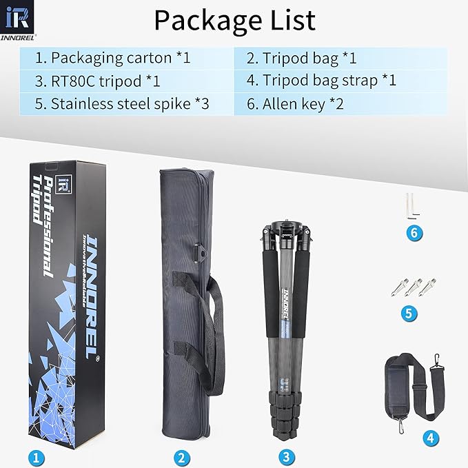 RT80C Carbon Fiber Tripod Professional Birdwatching Heavy Duty Camera 20kg max Load Bowl Tripod Birdwatching Camera Stand (Max Tube 32mm, Only Tripod)