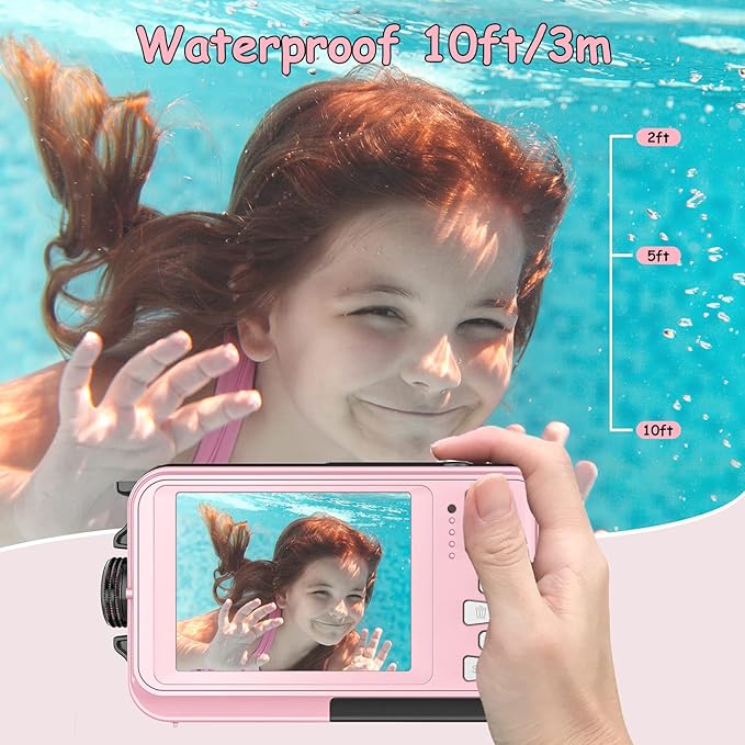 Underwater Camera, Waterproof Camera Autofocus with 32GB Card, 10FT Waterproof Digital Camera with 2.7" Screen for Kids, 16X Fill Light Portable Compact Digital Camera for Snorkeling, Pink