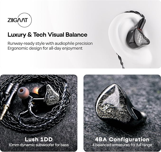 Linsoul ZiiGaat Lush in Ear Monitor, 1DD+4BA Hybrid Earphone IEM, Studio Monitor Tunning Wired Earbuds with Detachable Cable for Professional Music Engineers Audiophiles (Silver)