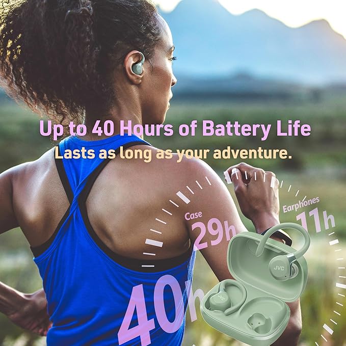 JVC Fitness Series True Wireless Sport Earbuds with Adjustable Hooks, Active Noise Cancelling, Ambient Sound Mode, IP57 Waterproof, 40hr Long Battery Life, App EQ, Low Latency, Mic HAEC75TG Green