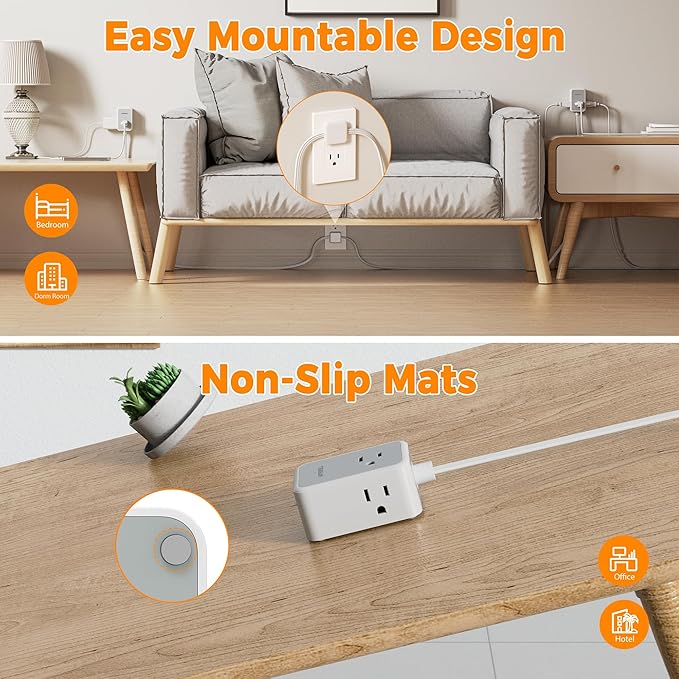 TESSAN Twin Extension Cord 12 FT, Double Ended Flat Plug Surge Protector Power Strip, 3 Non Blocking Outlets 6 Feet Power Splitter Each Side, Dual Split Outlet Extension for Home Office Dorm Room