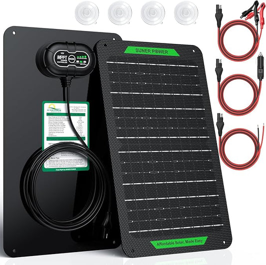 SUNER POWER Waterproof 12W 12V Solar Battery Charger & Maintainer PRO, Built-in UltraSmart MPPT Charge Controller, 12 Volt Solar Panel Trickle Charging Kits for Car Automotive Boat Marine RV Trailer