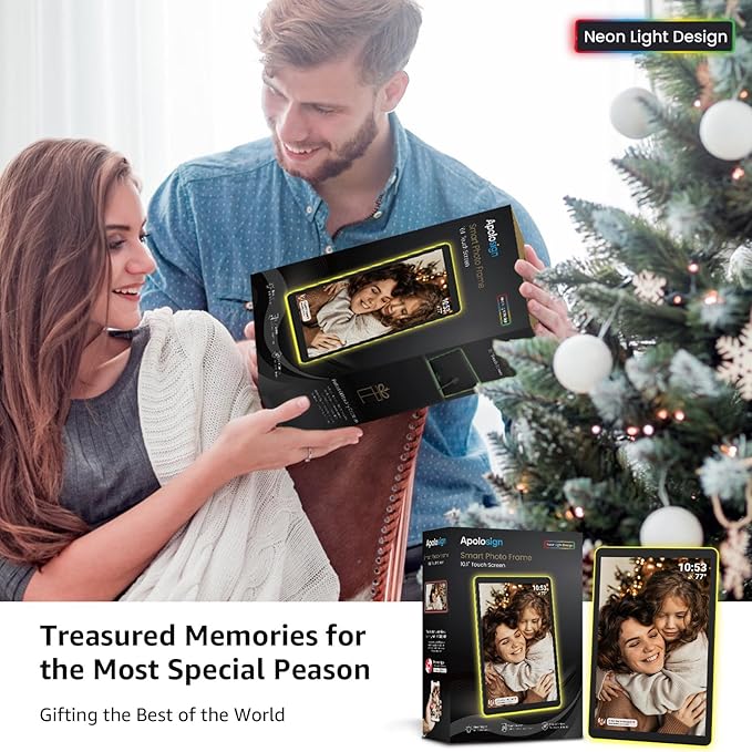 ApoloSign Neon Light Digital Picture Frame - 10.1" HD Display | AI Color-Changing LED Strip Digital Photo Frame | Quick Share Photos/Videos, Easy Setup in Frameo App | Best Digital Frame for Gifting