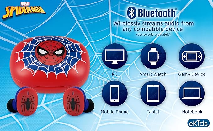 eKids Spiderman Wireless Earbuds with Microphone, Bluetooth Earbuds with Charging Case for Ear Buds, Designed for School, Home, or Travel