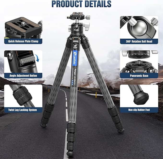Carbon Fiber Tripod for Camera with 360° Panoramic Ball Head, 67" Compact Lightweight Travel Tripod for DSLR Video Camcorder, Max Load 10kg/22lbs