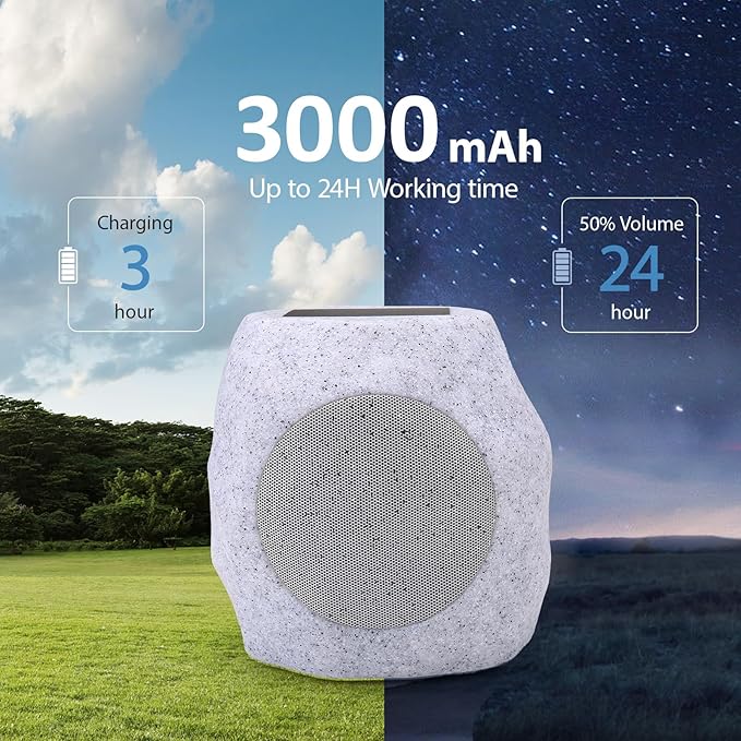 Outdoor Solar Rock Bluetooth Speakers with Colorful Lights, Deep Bass IPX4 Waterproof Speaker, Solar-Powered, TWS Paring, Perfect for Pool Garden and Outdoor Activities - Marble 2 Pack