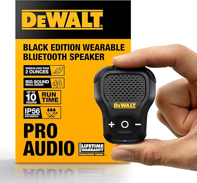 DEWALT Wearable Bluetooth Speaker [Onyx Edition - Black] Clip-On Wireless Jobsite Pro Water-Resistant Portable Speaker (Non- Magnetic), Mic for Hands-Free Music/Calls, Mini Speakers Bluetooth Wireless