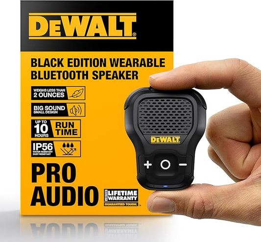 DEWALT Wearable Bluetooth Speaker [Onyx Edition - Black] Clip-On Wireless Jobsite Pro Water-Resistant Portable Speaker (Non- Magnetic), Mic for Hands-Free Music/Calls, Mini Speakers Bluetooth Wireless