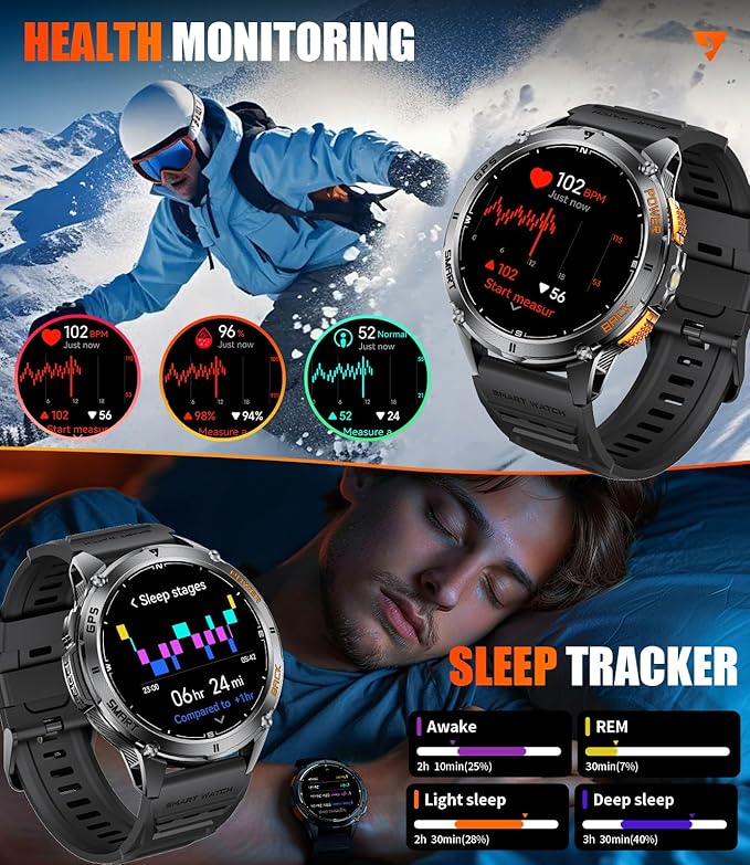 LIGE GPS Smart Watch for Men, Compass/LED Flashlight/1.43" AMOLED Smartwatch, IP68 Waterproof/Swim Mode/Pedometer/170+ Sports Mode Fitness Tracker, Men's Smart Watches for Android iPhone Compatible