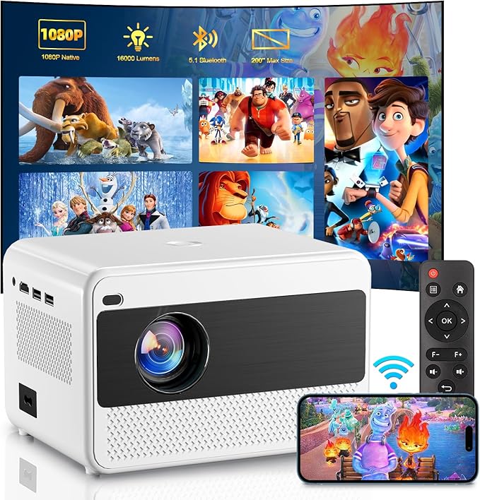 Video Projector with 5G WiFi and Bluetooth 5.1, Native 1080P Home Projector with Speaker, 16000LM Outdoor Movie Projector, Max 200" Compatible with iPhone / Android / TV Stick / Laptop / HDMI / USB