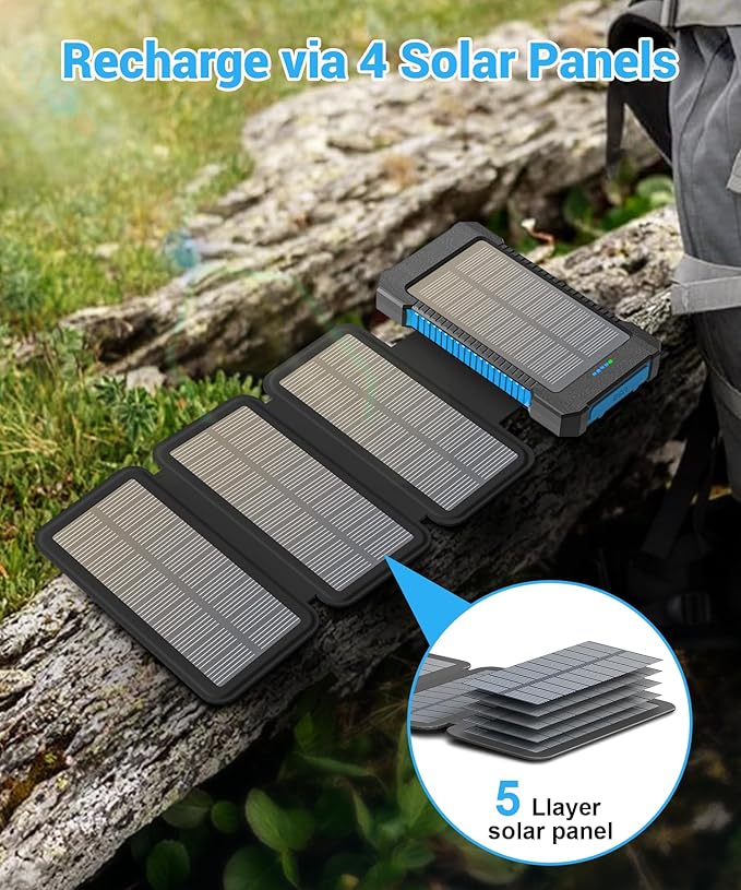 Solar Power Bank 38800mAh with 4 Solar Panels, Portable Charger USB C 18W Fast Charge for iPhone Samsung, IP67 Waterproof Outdoor External Battery Pack with Flashlight Light/SOS/Strobe