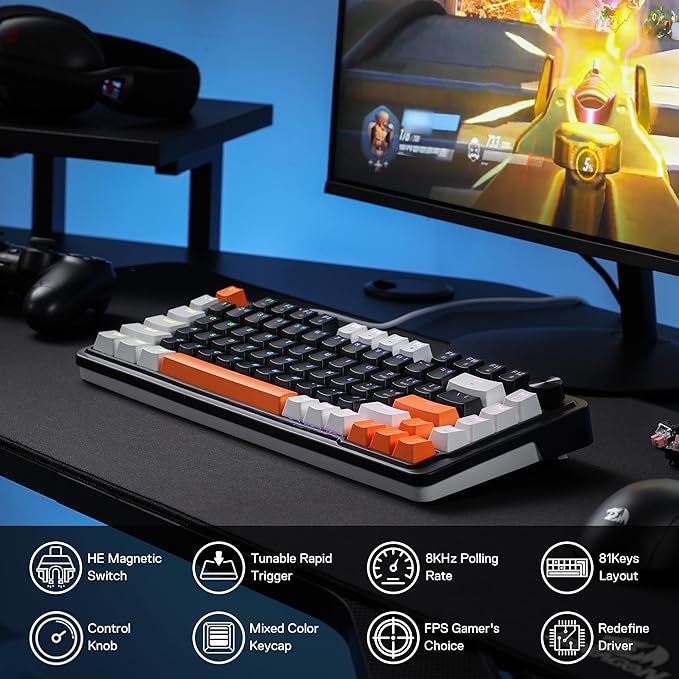 Redragon K714 Rapid Trigger HE Gaming Keyboard, 75% 81 Keys Wired Mechanical Keyboard w/Hyper-Fast Actuation Magnetic Switch, Actuation Point Adjustable, 8K Hz Polling Rate, Dedicated Control Knob