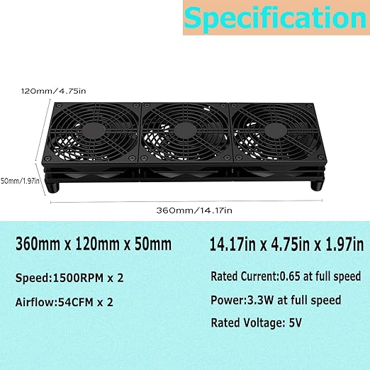 VTRETU Router Cooling Fan for Computer Cooler Audio Video Network Cabinet Server Cooling Project Equipment and Workstation DC 5V USB Power 120mm 360mm Fan with Switch