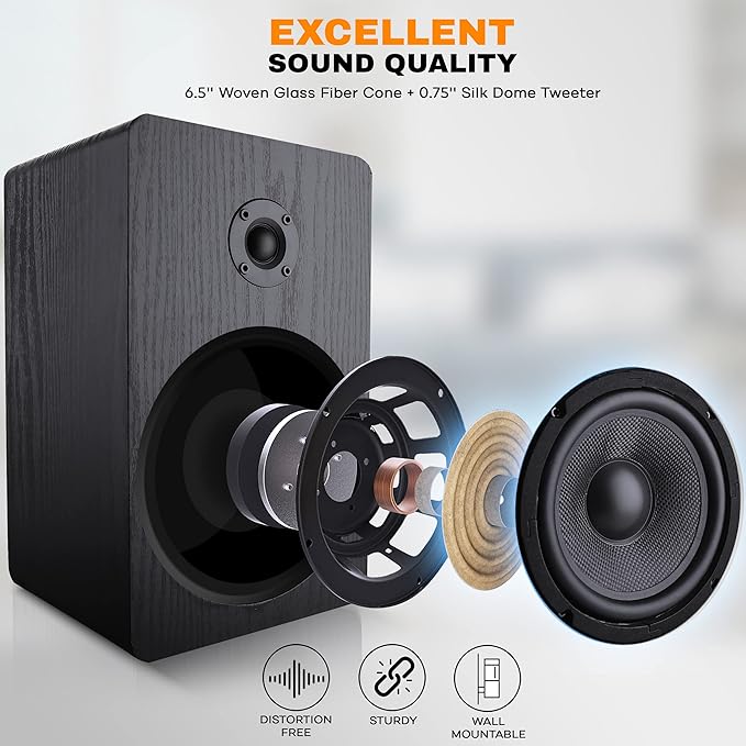 PyleUsa Home Theater Wooden Bookshelf Speakers - Wall-Mountable with 0.75'' Silk Dome Tweeter and Aluminum Voice Coils, Pair, Neat Black Color, Gold Plated 5 Way Binding Post - PSMSP6