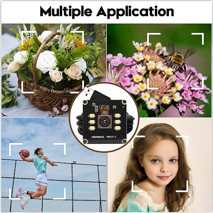 48MP USB Camera 8K Camera Fast Autofocus USB Webcam Module with No Distortion Lens with 6pcs White LEDs PC Computer Cam Plug and Play for Industrial Inspection Document Scanning