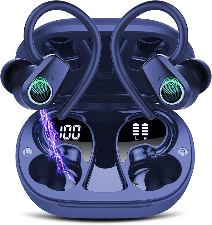Wireless Earbuds,50H Stereo Ear Buds Dual LED Display, Bluetooth 5.3 Headphones Sport, 2025 Bluetooth Earbuds with 4 ENC Noise Canceling Mic, IP7 Waterproof Earphones with Earhooks for Running, Navy