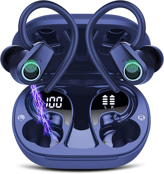 Wireless Earbuds,50H Stereo Ear Buds Dual LED Display, Bluetooth 5.3 Headphones Sport, 2025 Bluetooth Earbuds with 4 ENC Noise Canceling Mic, IP7 Waterproof Earphones with Earhooks for Running, Navy