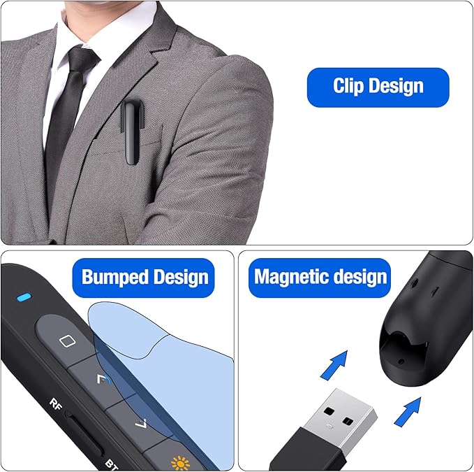 Presentation Clicker Compatible with Bluetooth and RF 2.4GHz Dual Modes Red Light, Wireless Presenter Remote Control for Powerpoint Presentations Pointer Slide Clicker for Mac Computer Powered by AAA