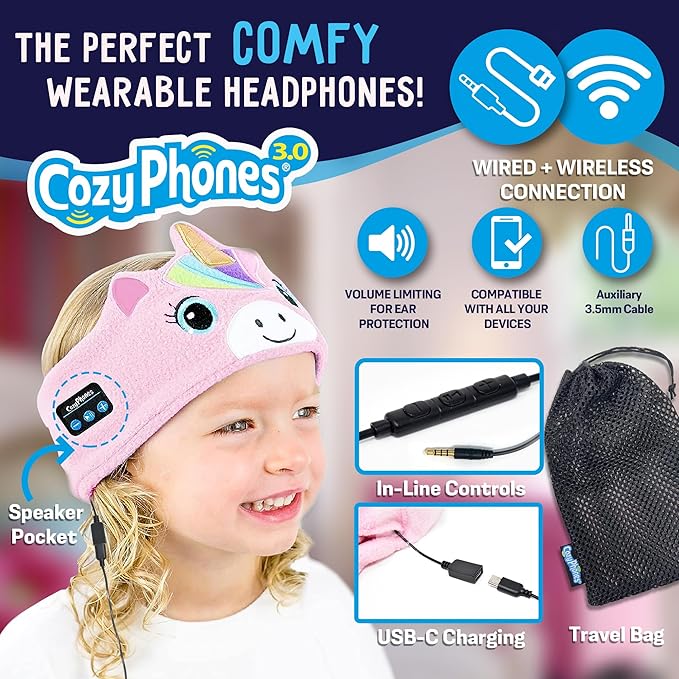 Toddler Headphones Wireless, Kids Bluetooth Earphones, Safe Volume - Wired School Headphones for Kids with 3.5 MM Jack and Travel Bag - Toddler Airplane Accessories for Boys & Girls - Pink Unicorn