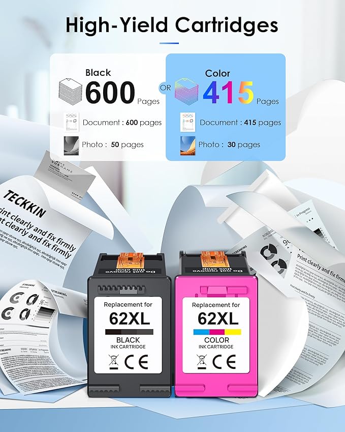 62 Ink Cartridge Replacement for HP Ink 62 HP 62 62XL Works with Envy 5540 5549 5640 5660 7640 7645 OfficeJet Mobile 250 200 OfficeJet 5740 5741 8040 Printer (2 Pack)