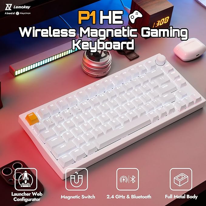 P1 HE 75% Wireless Custom Mechanical Gaming Keyboard with Gateron Double-Rail Magnetic Switches Knob Version, QMK 2.4 GHz Bluetooth 5.2 RGB Backlight Compatible with Mac Windows Linux-White