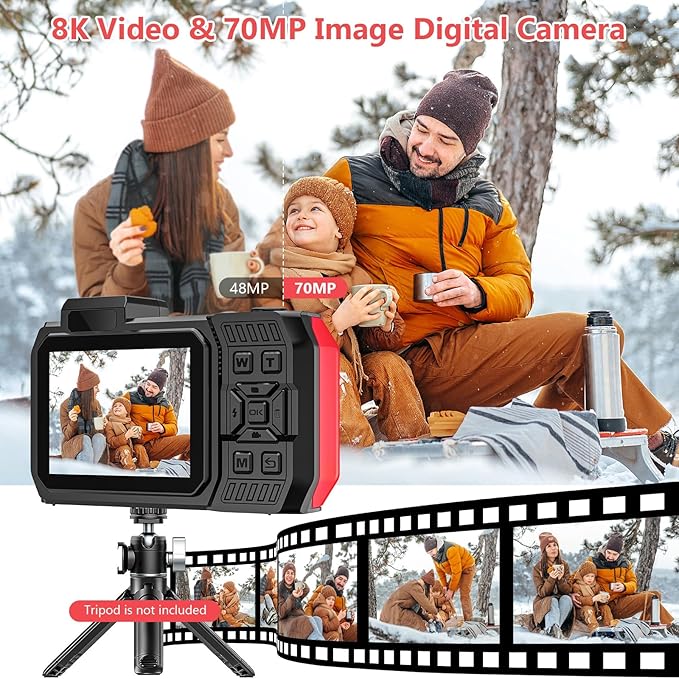 UHD 8K Underwater Camera, 70MP 33FT WiFi Waterproof Digital Camera with 64GB Card, Auto Focus Waterproof Dual-Screen Selfie 2500mAh Battery, 16X Floatable Digital for Snorkeling, Red