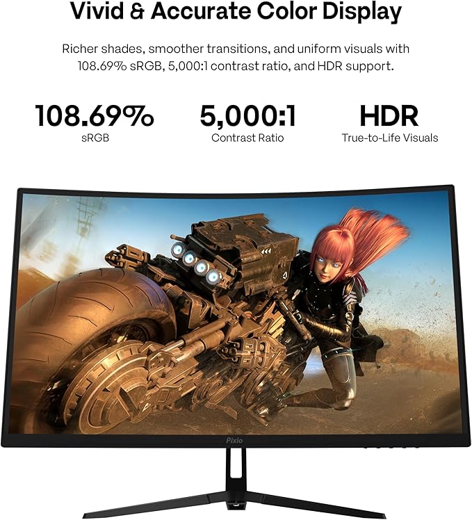 Pixio PXC278 Wave 27 inch 180Hz Refresh Rate QHD 1440p Resolution 1650R Curved Fast VA Panel 1ms GTG Response Time Adaptive Sync HDR Curved Gaming Monitor