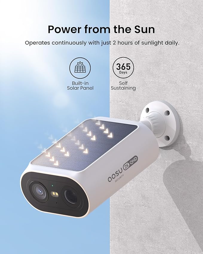 AOSU Solar Security Cameras Wireless Outdoor, 2Mins DIY Installation, No Subscription Cameras for Home Security System, Local Storage, 2K Color Night Vision for Surveillance, 2.4&5ghz WiFi, 4 Cam-kit