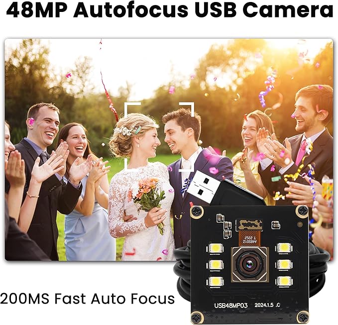 48MP USB Camera 8K Camera Fast Autofocus USB Webcam Module with No Distortion Lens with 6pcs White LEDs PC Computer Cam Plug and Play for Industrial Inspection Document Scanning