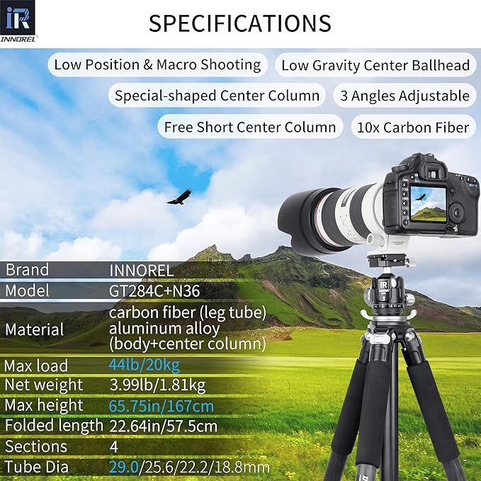 Carbon Fiber Tripod-INNOREL GT284C Professional Compact Tripod for DSLR Camera Heavy Duty Stand with Low Gravity Center Ball Head Special-Shaped Center Column 1.14in/29mm Tube Max Load 44lbs/20kg