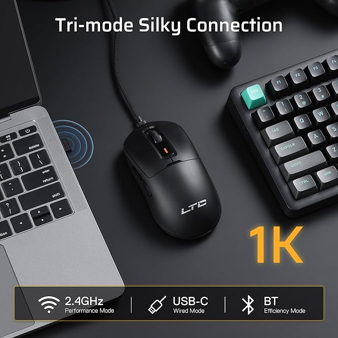 LTC GM024 Tri-Mode Wireless Gaming Mouse, 59g Ultra-Light Ergonomic Gaming Mouse 2.4Ghz/BT/Wired, 6-Level DPI 4800 Max, 1000Hz, 5 Programmable Buttons, Pro Software