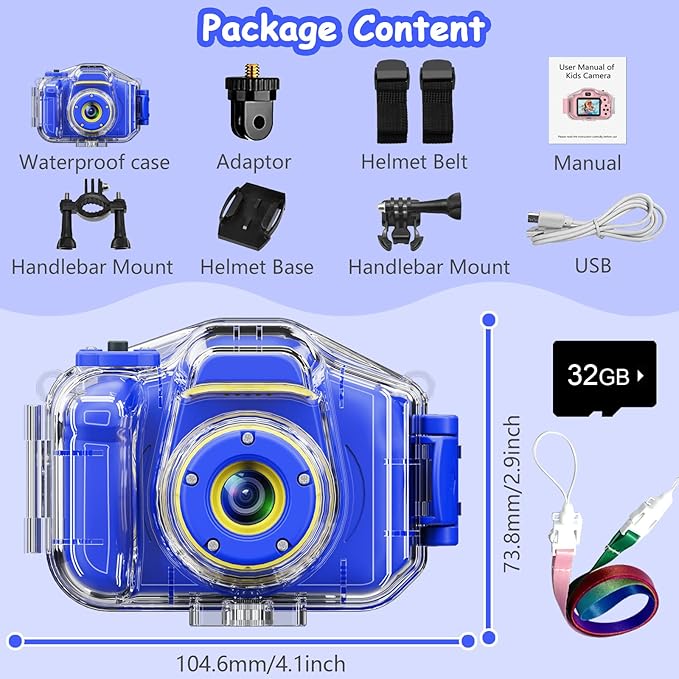 DEKER Kids Waterproof Camera, Christmas Birthday Gifts for Boys Girls Toys 3-12 Year Old, Underwater Mini Children HD Digital Action Camcorder, 2 Inch IPS Screen with 32GB Card (Dark Blue)