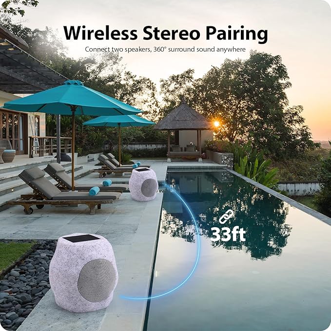 Outdoor Solar Rock Bluetooth Speakers with Colorful Lights, Deep Bass IPX4 Waterproof Speaker, Solar-Powered, TWS Paring, Perfect for Pool Garden and Outdoor Activities - Marble 2 Pack