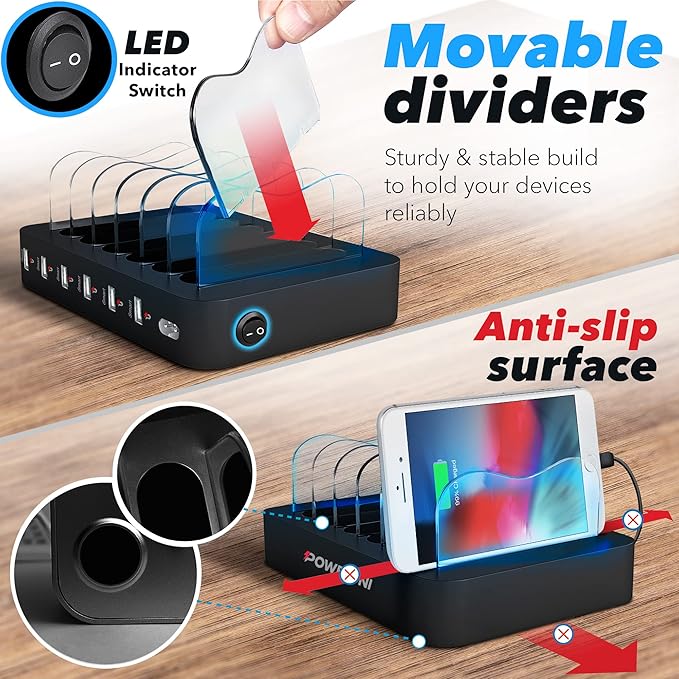 USB Charging Station 6-Ports - Fast Charging Station for Multiple Devices Apple - Multi Device Charger Station Dock - Compatible with Apple iPad, iPhone, Android, and Tablet