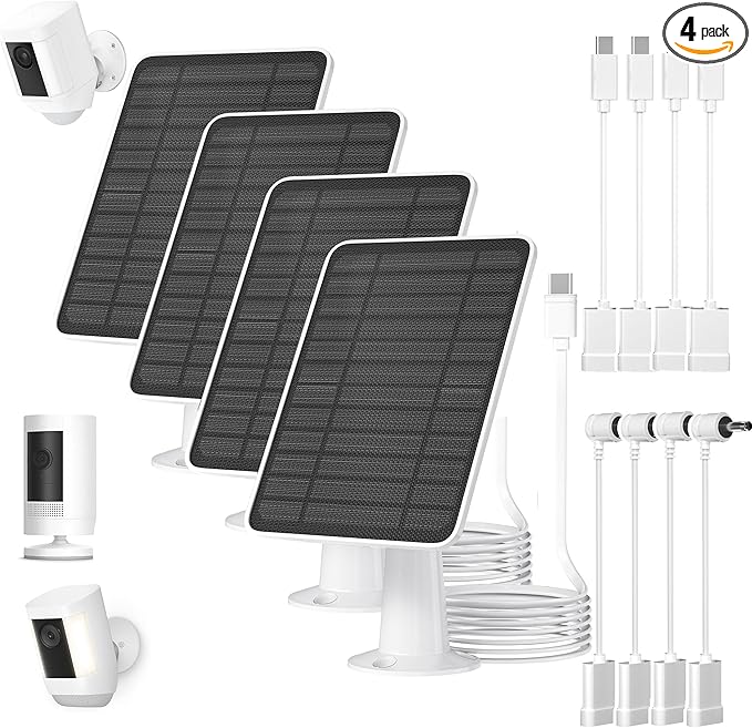 5W Solar Panel for Ring Camera, Solar Panel Charger Compatible with Ring Spotlight Plus/Pro Stick Up Outdoor Cam Battery, 9.8ft Cable with USB-C to Barrel Plug Adapter & Micro-USB Adapter, 4 Pack