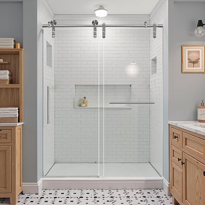 56-60" W x 76" H Frameless Shower Door Bathroom Sliding Shower Door 5/16"(8mm) Thick Tempered Glass Shower Door with Double Stainless Steel Handles for Walk-in Shower, Brushed Silver