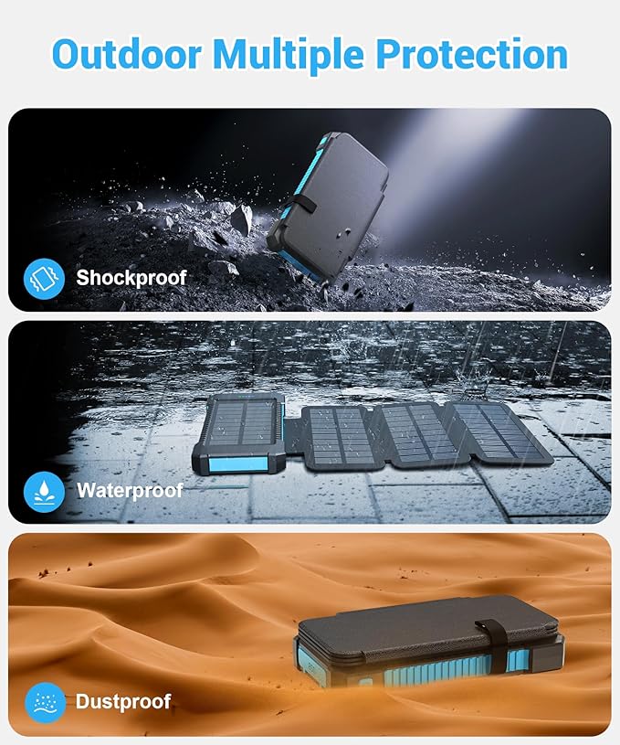 Solar Power Bank 38800mAh with 4 Solar Panels, Portable Charger USB C 18W Fast Charge for iPhone Samsung, IP67 Waterproof Outdoor External Battery Pack with Flashlight Light/SOS/Strobe