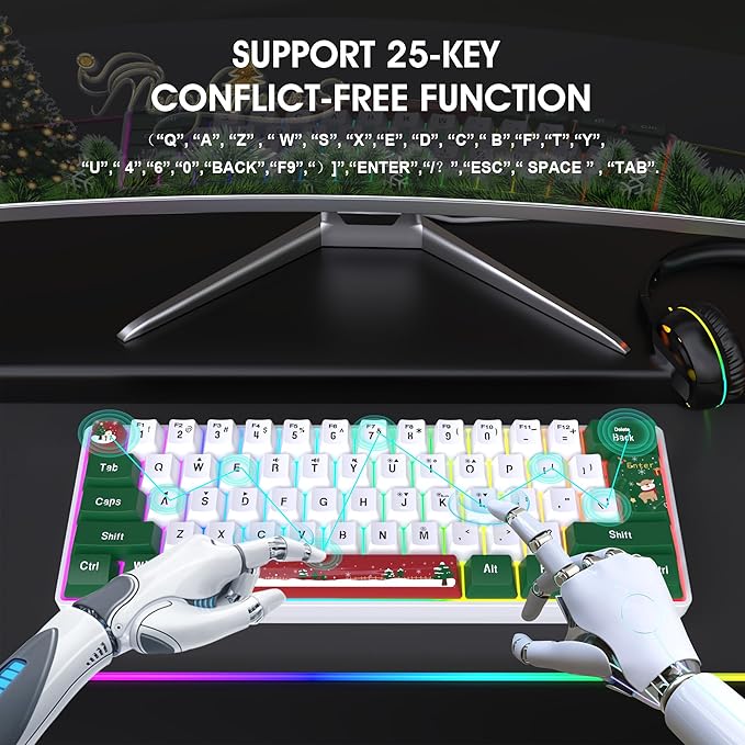 Snpurdiri 60% Wired Gaming Keyboard, RGB Backlit Small Ultra-Compact 61 Keys 60 Percent Gaming Keyboard for PC/Mac Gamer, Typist, Travel, Easy to Carry on Business Trip(Red Green White)