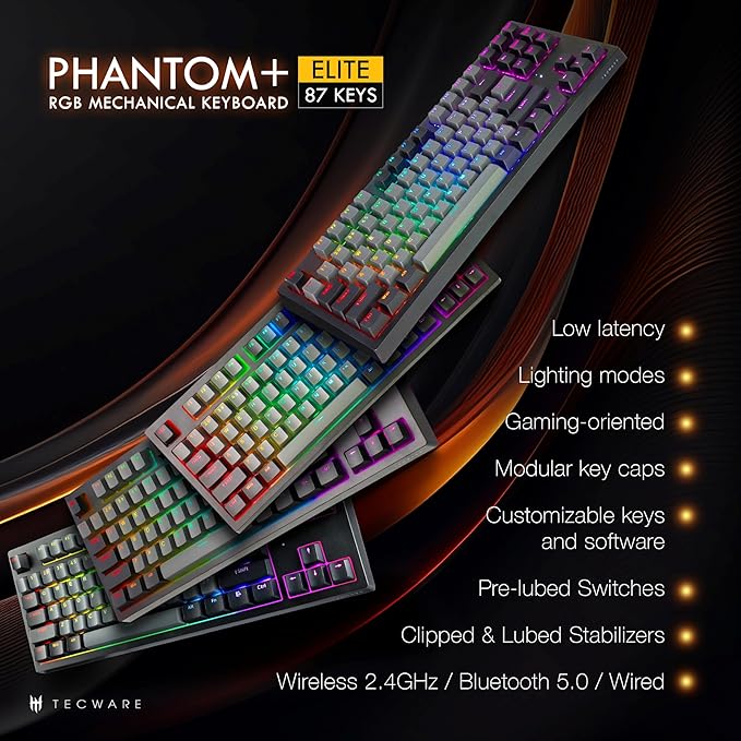 TECWARE Phantom+ Elite 87 Key RGB Mechanical Gaming Keyboard, LED Backlit, Universal Hot-Swap, Wired and Wireless, 3 Mode Connectivity, Thocky Sounding, Black Elite Wraith Orange