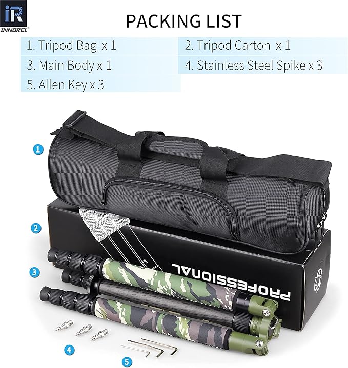 Carbon Fiber Tripod-RT85CG Super Professional Tripod Monopod Heavy Duty Compact Stand Support with Green Gamouflage Tripod Leg Covers for Digital DSLR Camera, max Load 25kg/55lb