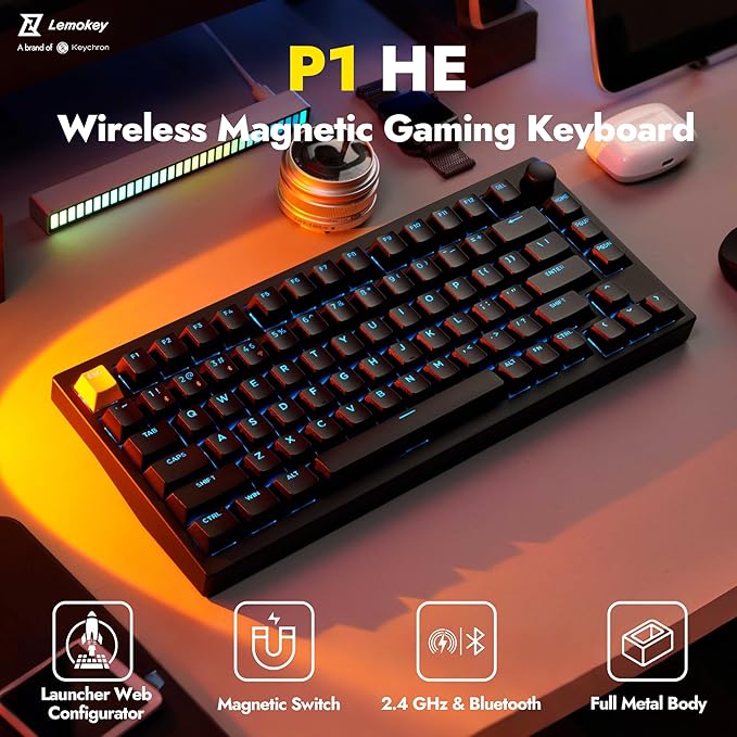 P1 HE 75% Wireless Custom Mechanical Gaming Keyboard with Gateron Double-Rail Magnetic Switches Knob Version, QMK 2.4 GHz Bluetooth 5.2 RGB Backlight Compatible with Mac Windows Linux-Black