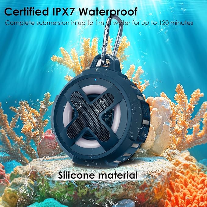 XLEADER X8, Upgraded, Portable Bluetooth Speaker, Certified IP67 Waterproof Shower Speaker, Silicone Case, 10W Bass, 24Hrs Playtime, Small, Floating, RGB Lights, Clip, for Pool Beach Kayak, Sea Blue