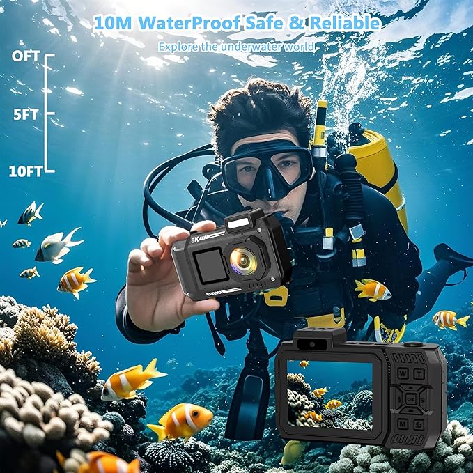 8K Waterproof Digital Camera Snorkeling: 70MP 33FT Compact Rugged Underwater Camera HD Dual-Screen with 18X Zoom Selfie 64GB Card & 2500 mAh Battery for Outdoor Scuba Diving Fishing Swimming Black