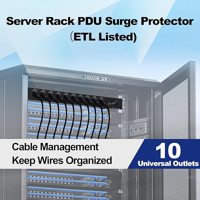 10-Outlet 1U Rack Mount Power Strip - Surge Protector, Features 10 Front Switches with LED Light - Ideal, w/ 6 ft Cord for Network Server Racks and Cabinets, by ThePoEstore