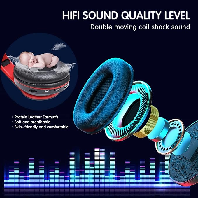 Bluetooth Wireless Over Ear Headphones, HiFi Stereo Sound Foldable Headset,Colorful LED Lights Headphones with Built-in Mic,Wired for School/Tablet Computer/PC/TV/Cellphones/Travel (Black Red)