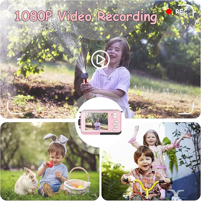 Underwater Camera, Waterproof Camera Autofocus with 32GB Card, 10FT Waterproof Digital Camera with 2.7" Screen for Kids, 16X Fill Light Portable Compact Digital Camera for Snorkeling, Pink