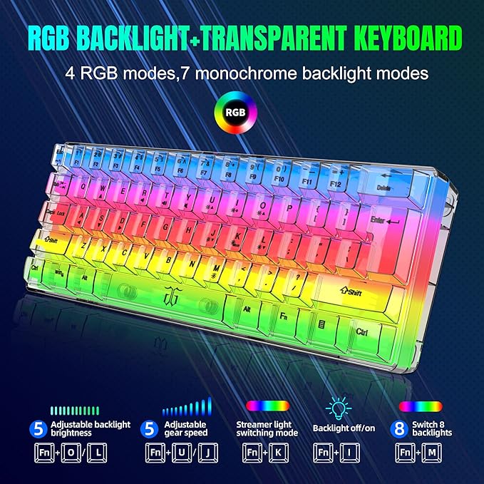 Snpurdiri 60% Wired Gaming Keyboard, RGB Backlit Ultra-Compact Mini Keyboard, Waterproof Small Compact Transparent Keycaps for PC/Mac Gamer(White Transparent)
